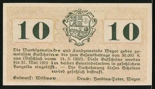 Notgeld Weyer 1920, 10 Heller, Brücke und Landschaft, mit Wappen