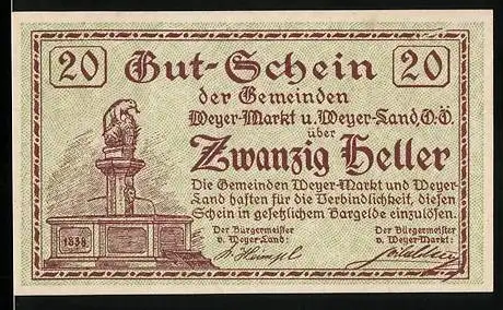 Notgeld Weyer 1920, 20 Heller, Löwenstatue und Wappen, Seriennummer enthalten