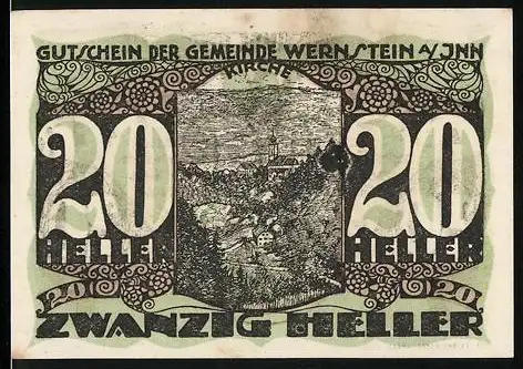 Notgeld Wernstein am Inn 1920, 20 Heller, Landschaftsansicht und dekorative Muster