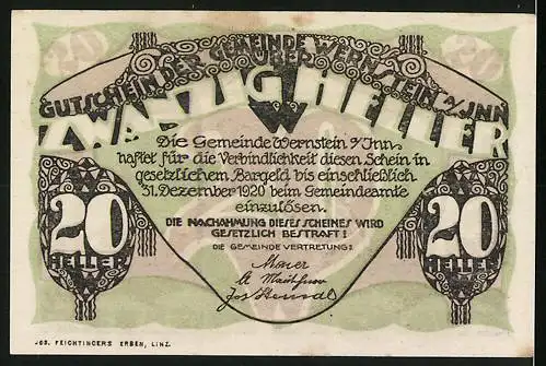 Notgeld Wernstein am Inn 1920, 20 Heller, Landschaftsansicht und dekorative Muster