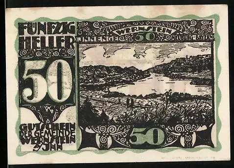 Notgeld Wernstein am Inn 1920, 50 Heller, Landschaftsmotiv und Verzierung