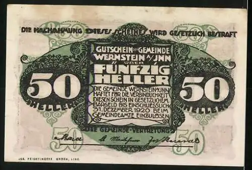 Notgeld Wernstein am Inn 1920, 50 Heller, Landschaftsmotiv und Verzierung