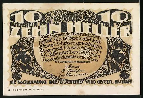 Notgeld Wernstein am Inn 1920, 10 Heller, Johannesfelsen-Motiv