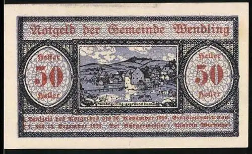 Notgeld Wendling, 50 Heller, Flusslandschaft und kunstvolle Ornamente