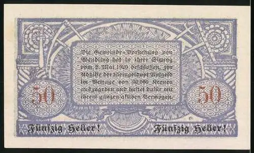 Notgeld Wendling, 50 Heller, Flusslandschaft und kunstvolle Ornamente