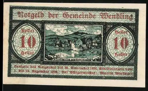 Notgeld Wendling 1920, 10 Heller, Dorfansicht mit Kirche und Bergen im Hintergrund