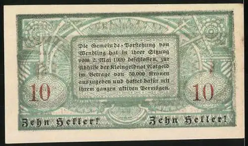 Notgeld Wendling 1920, 10 Heller, Dorfansicht mit Kirche und Bergen im Hintergrund