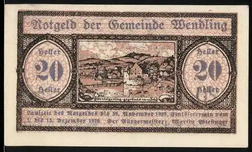 Notgeld Wendling 1920, 20 Heller, Stadtansicht mit Fluss und Hügeln im Hintergrund