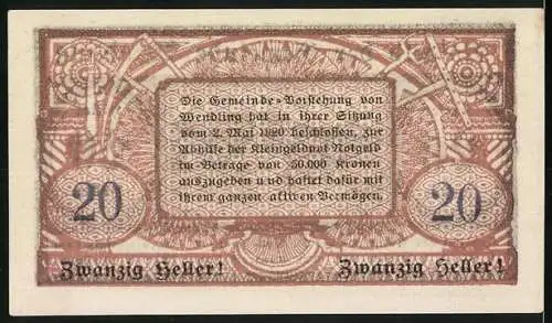 Notgeld Wendling 1920, 20 Heller, Stadtansicht mit Fluss und Hügeln im Hintergrund