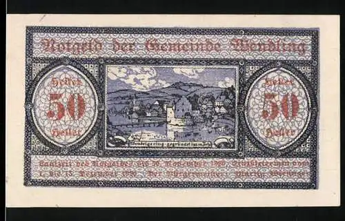 Notgeld Wendling 1920, 50 Heller, Stadtansicht mit Bergen und dekorativem Muster