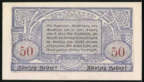 Notgeld Wendling 1920, 50 Heller, Stadtansicht mit Bergen und dekorativem Muster