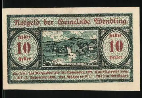 Notgeld Wendling 1920, 10 Heller, Dorflandschaft und dekoratives Muster