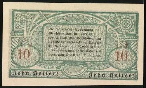 Notgeld Wendling 1920, 10 Heller, Dorflandschaft und dekoratives Muster