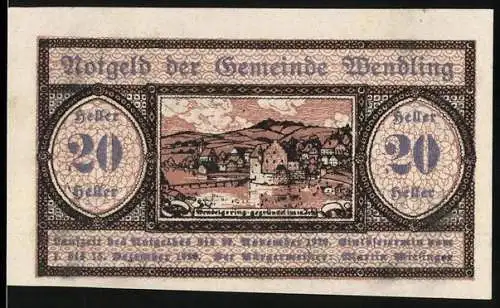 Notgeld Wendling 1920, 20 Heller, Stadtansicht mit Bergen und Fluss im Hintergrund