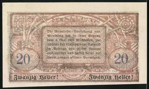 Notgeld Wendling 1920, 20 Heller, Stadtansicht mit Bergen und Fluss im Hintergrund