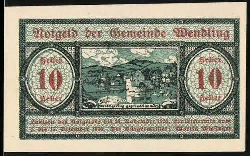 Notgeld Wendling 1920, 10 Heller, Landschaftsmotiv mit Dorfansicht und Dekorationselementen