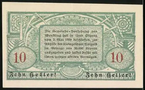 Notgeld Wendling 1920, 10 Heller, Landschaftsmotiv mit Dorfansicht und Dekorationselementen