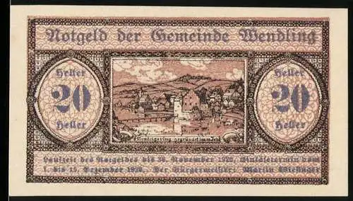 Notgeld Wendling 1920, 20 Heller, Dorfansicht mit Fluss und Brücke