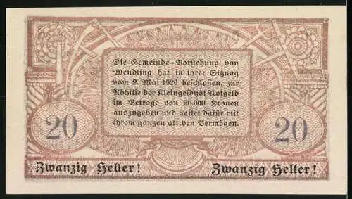 Notgeld Wendling 1920, 20 Heller, Dorfansicht mit Fluss und Brücke