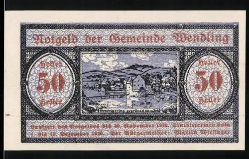 Notgeld Wendling 1920, 50 Heller, Ansichten der Stadt und dekorative Muster