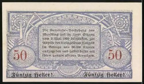 Notgeld Wendling 1920, 50 Heller, Ansichten der Stadt und dekorative Muster