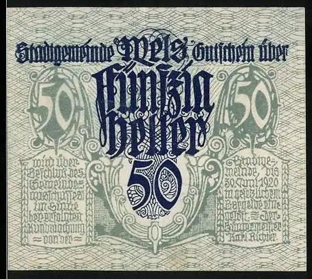 Notgeld Wels 1920, 50 Heller, Motiv mit Händler und Pferd, grösster Handelsplatz für das Norische Pferd