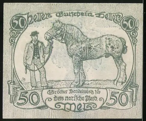 Notgeld Wels 1920, 50 Heller, Motiv mit Händler und Pferd, grösster Handelsplatz für das Norische Pferd