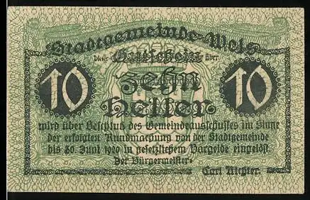 Notgeld Wels 1920, 10 Heller, Ledererturm und Stadtwappen