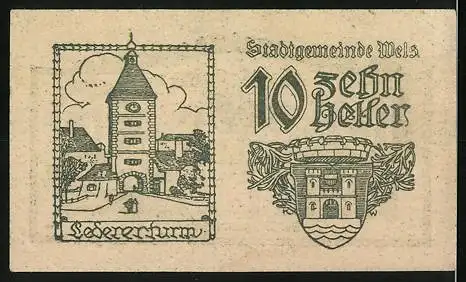 Notgeld Wels 1920, 10 Heller, Ledererturm und Stadtwappen