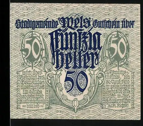 Notgeld Wels 1920, 50 Heller, Motiv: Mann mit Pferd und kunstvolle Schriftzüge