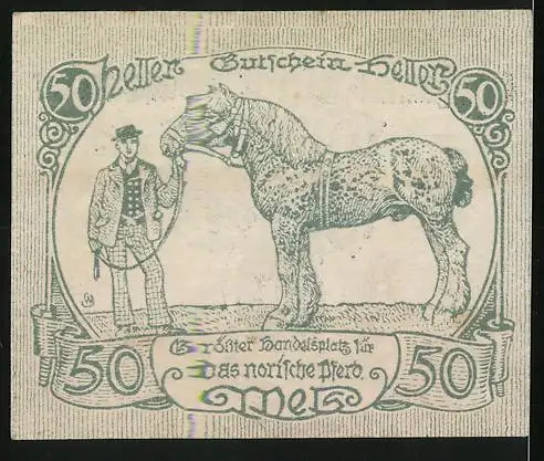 Notgeld Wels 1920, 50 Heller, Motiv: Mann mit Pferd und kunstvolle Schriftzüge