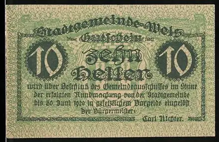 Notgeld Wels 1920, 10 Heller, Ledererturm und Wappen der Stadtgemeinde