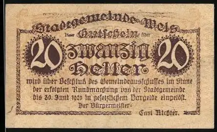 Notgeld Wels 1920, 20 Heller, Schlossansicht und Wappen, Carl Richter