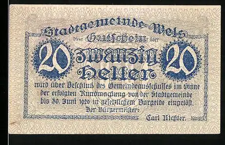 Notgeld Wels 1920, 20 Heller, Schloss Thannhausen, Wappen und dekoratives Muster