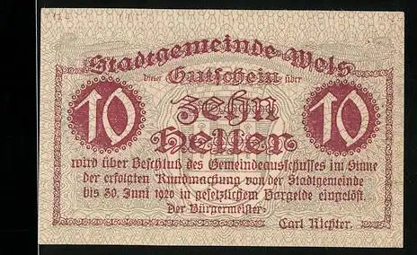 Notgeld Wels 1920, 10 Heller, Ledererturm und Stadtwappen