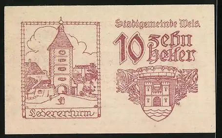 Notgeld Wels 1920, 10 Heller, Ledererturm und Stadtwappen