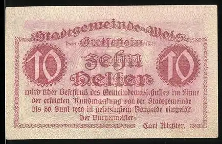 Notgeld Wels 1920, 10 Heller, Stadttor und Stadtwappen mit Turm und Landschaftsmotiv