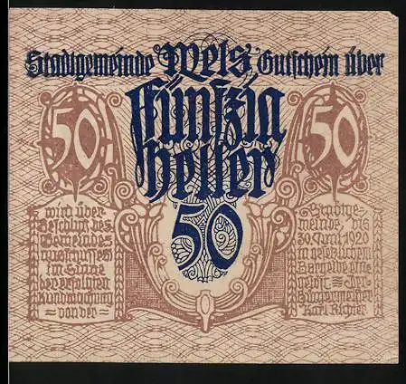 Notgeld Wels 1920, 50 Heller, Norisches Pferd mit Händler, kunstvolle Schriftzüge