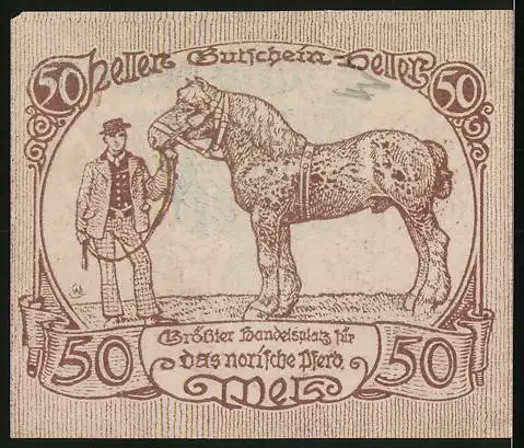 Notgeld Wels 1920, 50 Heller, Norisches Pferd mit Händler, kunstvolle Schriftzüge