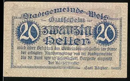 Notgeld Wels 1920, 20 Heller, Schloss Polheim und Wappen der Stadtgemeinde