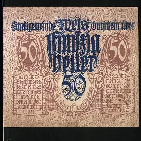 Notgeld Wels 1920, 50 Heller, Motiv: Mann mit Pferd, Kunstschrift 50 Heller