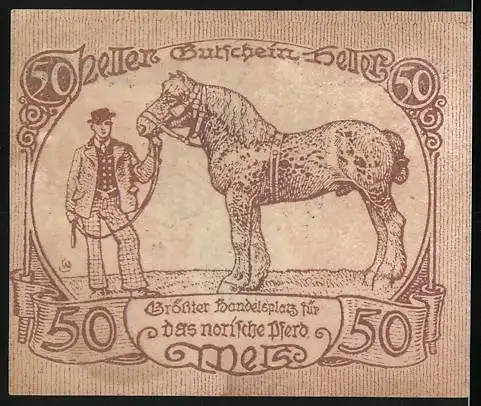 Notgeld Wels 1920, 50 Heller, Motiv: Mann mit Pferd, Kunstschrift 50 Heller