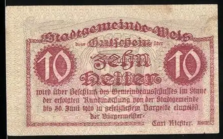 Notgeld Wels 1920, 10 Heller, Ledererturm und Stadtwappen