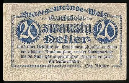 Notgeld Wels 1920, 20 Heller, Schloss Poltheim und Stadtwappen