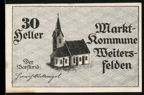 Notgeld Weitersfelden 1920, 30 Heller, Kirche und dekorativer Text