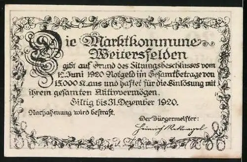 Notgeld Weitersfelden 1920, 30 Heller, Kirche und dekorativer Text