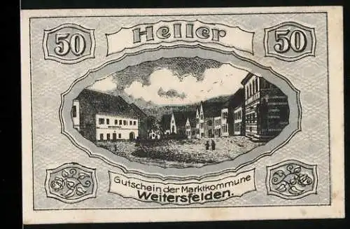 Notgeld Weitersfelden 1920, 50 Heller, Marktplatz-Szene, florales Design