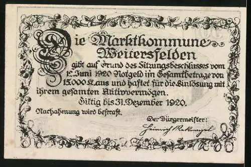 Notgeld Weitersfelden 1920, 50 Heller, Marktplatz-Szene, florales Design