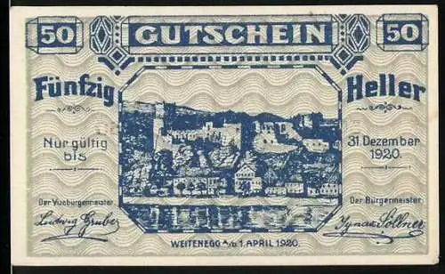 Notgeld Weitenegg 1920, 50 Heller, Burgansicht und Wellenmuster