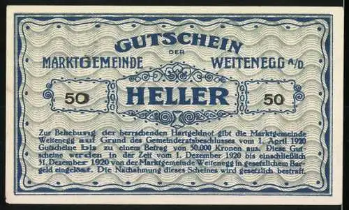 Notgeld Weitenegg 1920, 50 Heller, Burgansicht und Wellenmuster